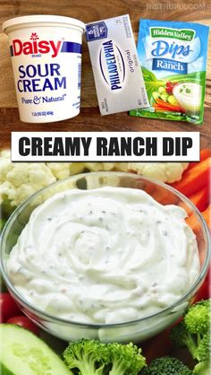 creamy ranch dip with broccoli, carrots and celery on the side