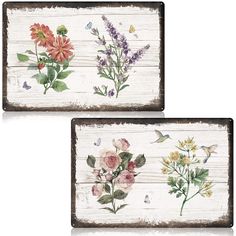 two wooden signs with flowers painted on them