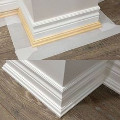 the bottom and bottom corner of a white frame on a wooden floor with two different angles