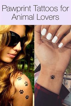 two pictures one with paw prints and the other with an animal lover's tattoo