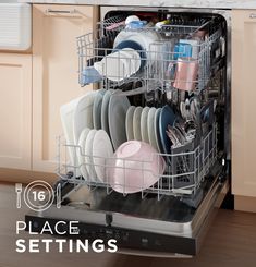 an open dishwasher with dishes in it and the words, 16 place settings