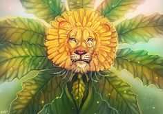 a painting of a lion with green leaves on it's back and eyes open