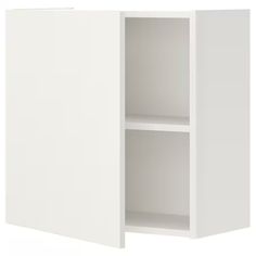 a white cabinet with two shelves on one side and an open door on the other