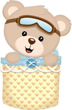 a brown teddy bear wearing goggles in a basket