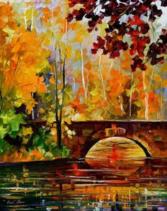 an oil painting of a bridge over a river with trees in the background and leaves on it