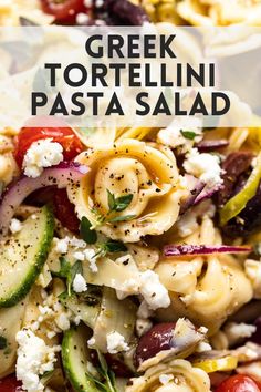 greek tortellini pasta salad with feta cheese and cucumbers on top