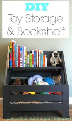 the diy toy storage and bookshelf is made from an old bookcase