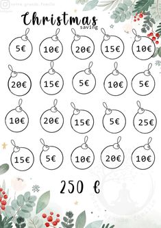 christmas numbers with ornaments hanging from them and holly leaves around the numbers on each ornament