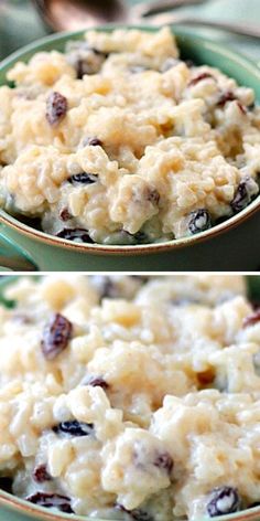 two pictures of oatmeal with raisins in a green bowl