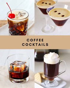 four different types of coffee cocktails in glasses