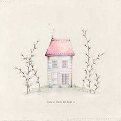 a drawing of a house in the middle of some trees with flowers growing out of it