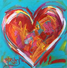 a painting of a red heart on a blue background with the word love written in it