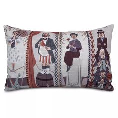 a decorative pillow with an image of people in different outfits on the front and back