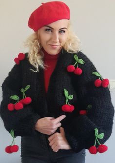 cherry cardigan balloon sleve woman cardigan bloom knit jacket chunky cardigan cherry sweater black cardigan gıfts for her knit cherry cardigan cardıgan lengh 17.8 ınches Shipping takes USA : 3-7 days Europe : 3-6 days Australia : 3-7 days Please write your mobile phone number in the 'order note' section. SİZE: S/M/L We used black and red and green threads for our product. * Model Size: Length: 167 cm Weight: 52 kg Washing instructions: Hand wash or at a maximum of 30 degrees. Do not lean dry. Cute Black Winter Outerwear, Cute Black Fall Sweater, Cute Black Sweater For Fall, Cute Black Outerwear For Winter, Hand Knitted Black Sweater For Winter, Trendy Embroidered Fall Cardigan, Black Embroidered Long Sleeve Cardigan, Cute Black Long Sleeve Cardigan, Cute Black Cardigan For Fall