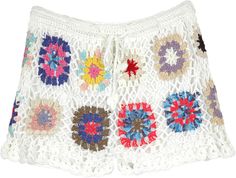 These peppy bohemian crochet shorts in snow white with multicolored flowers are the summer essential you have been looking for. They are very soft and comes with polyester lining. #tlb #CrochetClothing #vacationclothing #beachwrap #Floral #bohemianfashion #WhiteShorts #ColorfulShorts Multicolored Flowers, Bohemian Shorts, Bohemian Crochet, Beach Floral, Hippie Look, Crochet Shorts, Trendy Skirts, Beach Wrap, Crochet Clothing