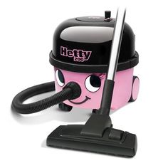 a pink and black vacuum cleaner with its head on it's handlebars