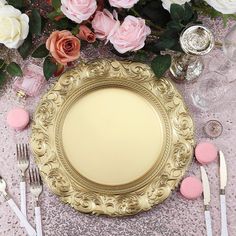 14inch Metallic Gold Vintage Plastic Charger Plates Engraved Baroque Rim, Disposable Serving Trays Disposable Serving Trays, Charger Plates Wedding, Wedding Dinnerware, Gold Charger Plate, Gold Chargers, Baroque Design, Weddings By Color, Outdoor Reception, Holiday Dining