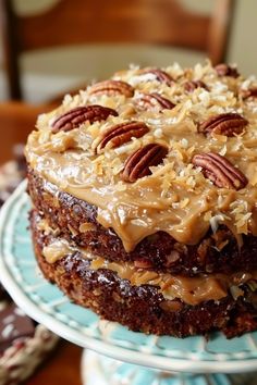 a chocolate cake with pecans and caramel drizzled on the top