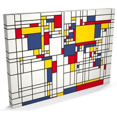 an abstract art piece with squares and rectangles in red, yellow, blue, and white