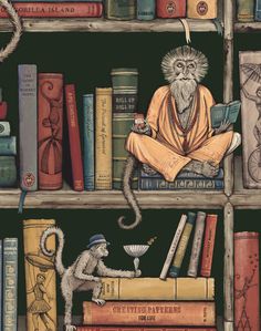 a painting of a monkey sitting on top of a book shelf next to some books