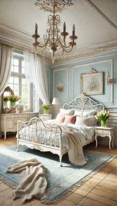 a bed room with a neatly made bed and a chandelier