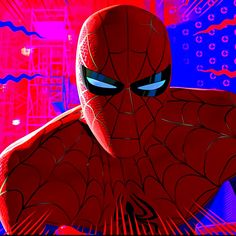 the animated spider - man is standing in front of an abstract background with red and blue lights