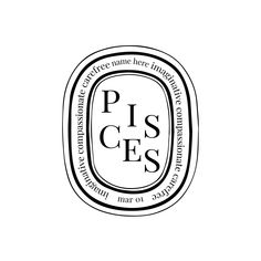 the pisces logo is shown in black and white, with an oval frame