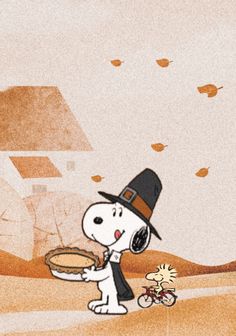 a cartoon dog holding a pie in front of a house with autumn leaves falling from the sky