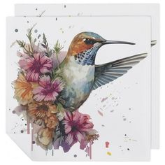 a painting of a hummingbird with flowers in its beak