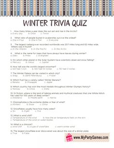 the winter trivia quiz is shown in this printable question sheet for students to use