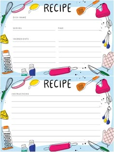 a recipe card with cooking utensils on it and the words recipe written in cursive writing