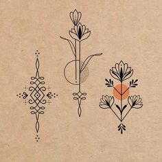 three different types of flowers on a piece of paper with an orange dot in the middle