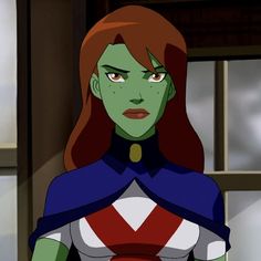 an animated image of a woman with red hair and green eyes wearing a captain america outfit