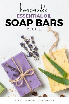 homemade soap bars with lavender and aloen on the top, next to them