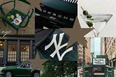 a collage of photos including an old car, new york yankees logo and other items