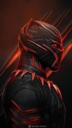 the black panther movie poster is shown in red and black colors, with flames coming out of his face