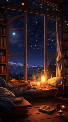 a room with a window, bookshelf and a lit candle on the floor