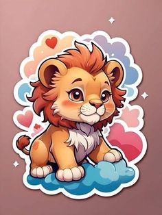 a cartoon lion sitting on top of a cloud with hearts in the sky behind it