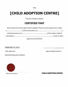 the child adoption center certificate is shown in red and black, with an orange circle on it