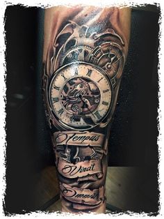 a man's arm with a clock and words on it