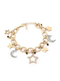 Gold Tone Dazzling Diamonds Moon & Stars Classy Charm Bracelet For Women Moon Stars, Bracelet Crafts, Stars And Moon, In Fashion