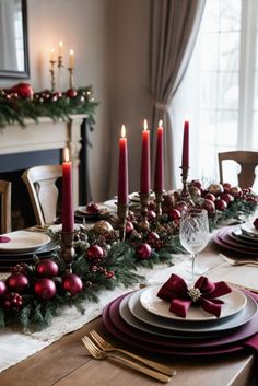 a dining room table set for christmas dinner