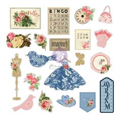 a bunch of stickers that are on top of a white surface with flowers and other items