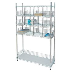 three tiered shelving unit with wire shelves