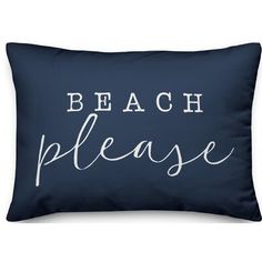 a black and white pillow with the words beach please written on it in white ink