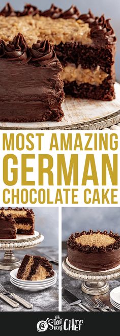 the most amazing german chocolate cake recipe is on this plate and it's ready to be eaten