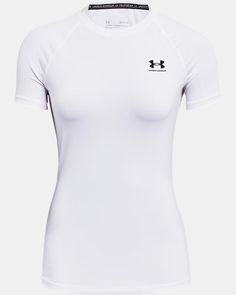 Women's HeatGear® Compression Short Sleeve White Technical Moisture-wicking Activewear, Go-dry Snug Fit Activewear For Training, Functional White Compression Activewear, Moisture-wicking Snug Fit Functional Activewear, Functional Moisture-wicking Activewear With Snug Fit, Technical White Sweat-resistant Activewear, White Compression Activewear, Sweat Resistant, White Compression Sweat Resistant Activewear, White Compression Sweat-resistant Activewear