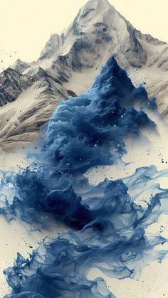 an abstract painting with blue and white colors on the mountain range in front of snow capped mountains