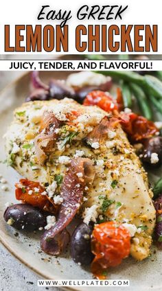 lemon chicken with black olives and tomatoes on a white plate text overlay reads easy greek lemon chicken juicy, tender, and flavorful