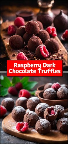 raspberry dark chocolate truffles on a cutting board